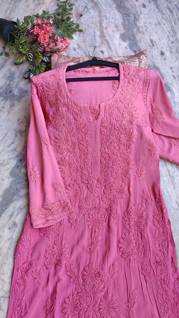 Thulian Pink Premium Soft Modal Chikankari Long Kurta Luxurious Embroidery
