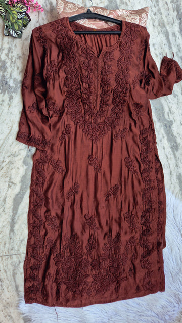Garnet Premium Soft Silk Lux Chikankari Long Kurti
