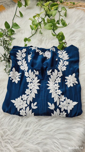 Shine Blue Premium Silk Chikankari Luxurious Long Kurti For women