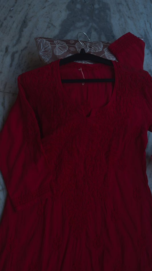 Cherry Red Premium Modal Soft Cotton Non Transparent Chikankari Kurta
