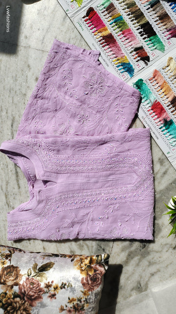 Tarana Pearls Lavender Premium Georgette Chikankari Luxurious kurta