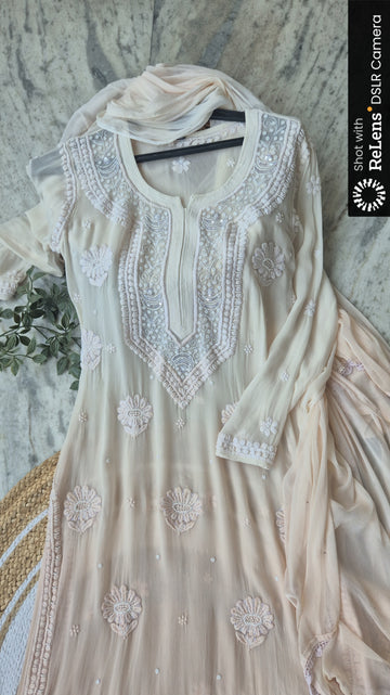 Restock Noori Powder Brown Premium Georgette Chikankari Kurta With Cutdana Pearl Embroidery(Ready To Dispatch)