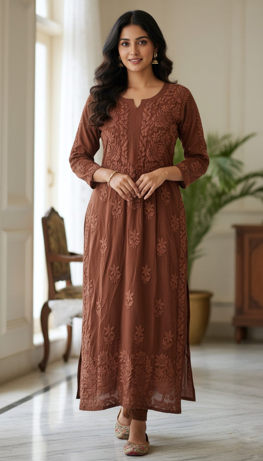 Brown Premium Georgette Chikankari Luxurious Long Kurti For women