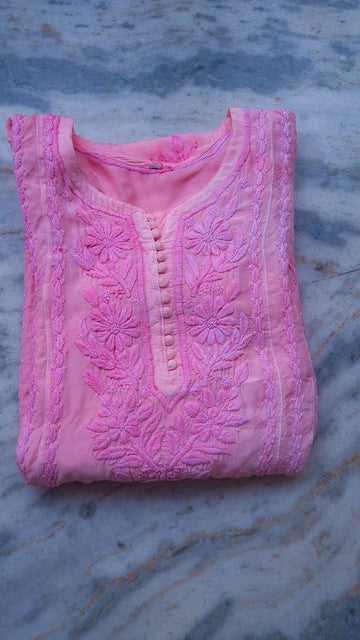 Pinkish Premium Mul Silk Oversized Chikankari Long Kurta