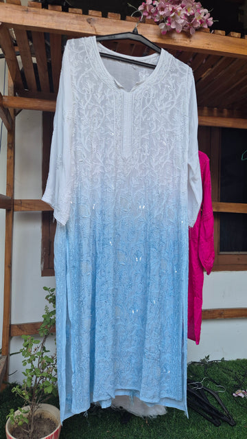 Noori Premium Mul Soft Cotton Muslin Long Chikankari Kurta With Pearl And Cutdana Add On
