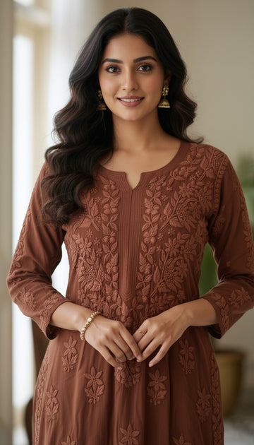 Brown Premium Georgette Chikankari Luxurious Long Kurti For women