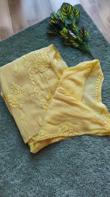 Shine Yellow Premium Silk Chikankari Long Kurta
