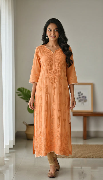 Orange Cutwork Premium Silk Chikankari Luxurious Long Kurta