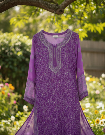 Heer Beautiful Premium Georgette Chikankari Luxurious Long Kurta With Kamdani Add-on