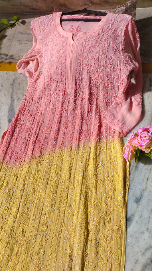 Double Shade Noori Full Jaal Pearl Cutdana Chikankari Embroidery Long Luxurious kurta Pure Handcrafted