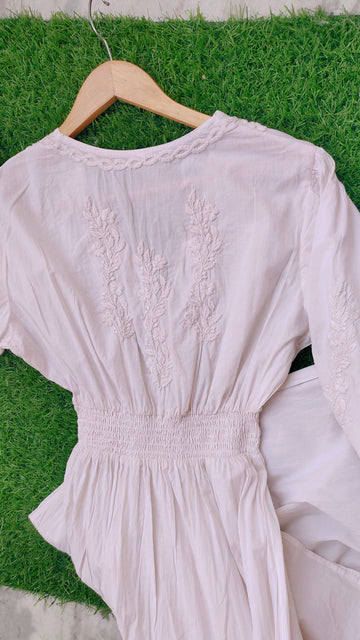 Creamish Waist Elastic Chikankari Dress Pure Cotton Dyeable