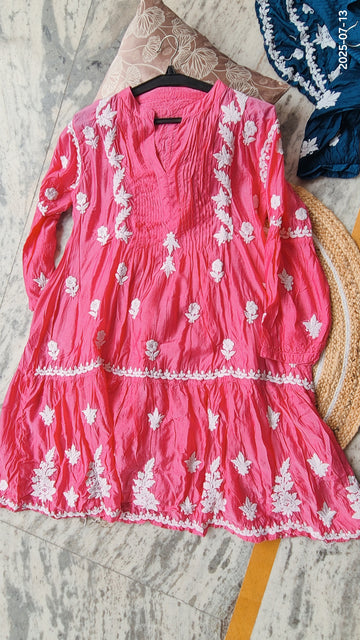 Beautiful Pink Midi Dress Pure Handcrafted Luxurious Chikankari