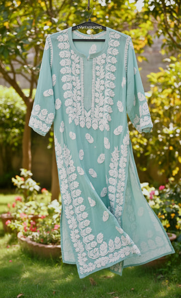 Pista Green Premium Georgette Chikankari Luxurious Long Kurta
