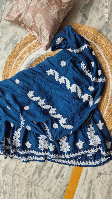Beautiful Blue Midi Dress Pure Handcrafted Luxurious Chikankari