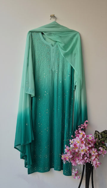 Teal Ombre Premium Georgette Chikankari Luxurious Set With Kamdani Add on