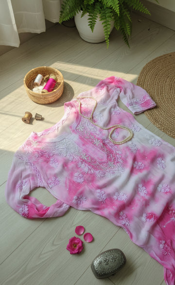 Tie Dye Beautiful Noori Premium Georgette Chikankari Kurta Cutdana Embroidery