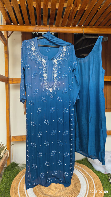 Noori turquoise Ombre Premium Silk Chikankari Pearls Cutdana Embroidery