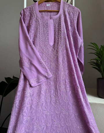Noori Full Jaal Pearl Cutdana Chikankari Embroidery Long Luxurious kurta Pure Handcrafted Lavender