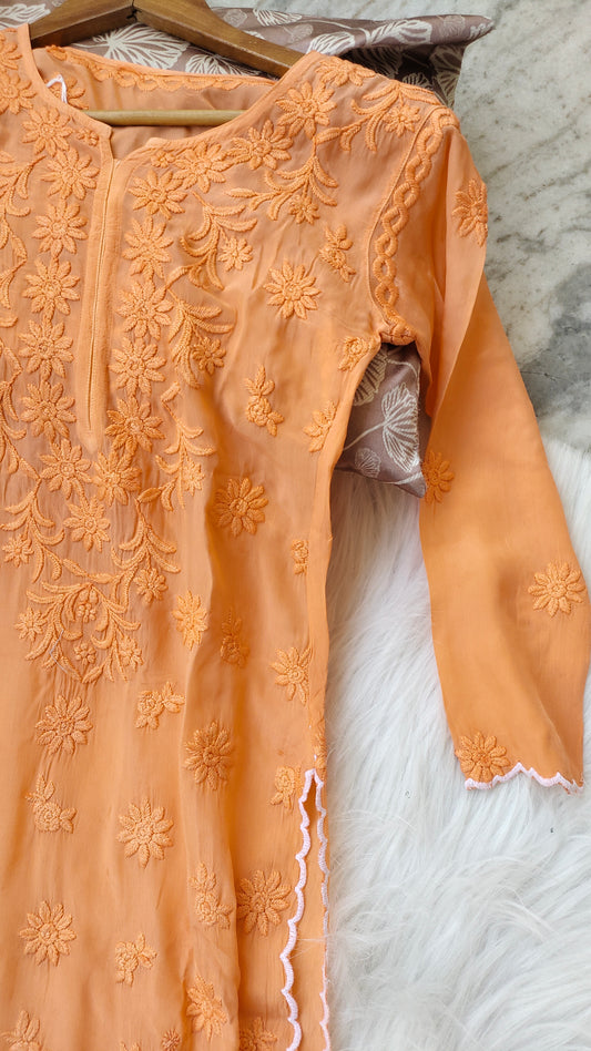 Orange Cutwork Premium Silk Chikankari Luxurious Long Kurta