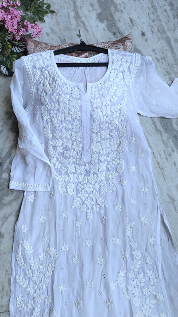 Eid Edit White Premium Georgette Lux Chikankari Long Kurti With Kamdani