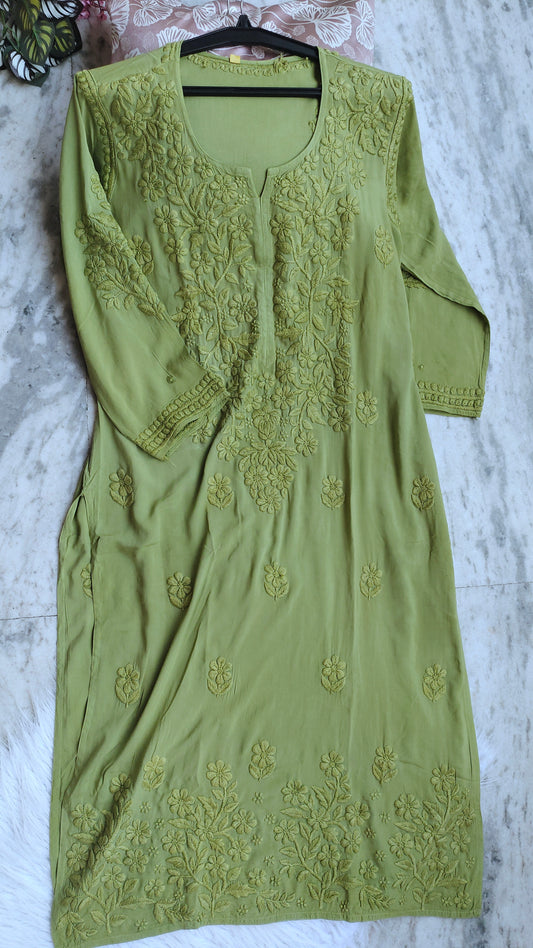 Eid Edit Soft Green Premium Modal Cotton Chikankari Long Kurti