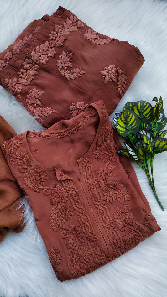 Hershey kiss Premium Silk Chikankari Full Set (Bottom Also Silk)