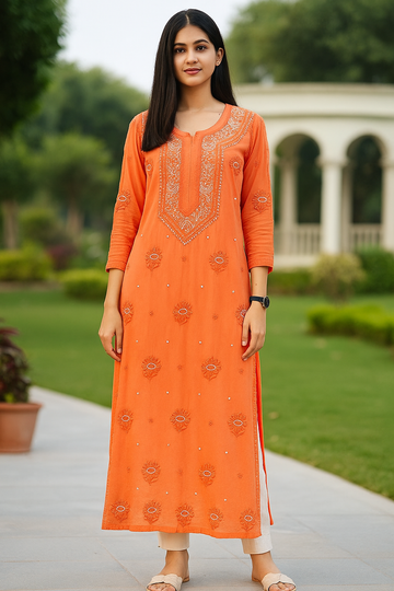 Rust Orange Noori Premium Georgette Chikankari Kurta Cutdana Embroidery