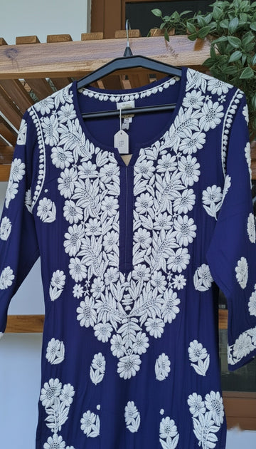 Navy Blue Pure Handcrafted Premium Silk Chikankari Luxurious Long Kurta