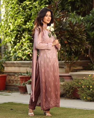 Heer Brown Ombre Premium Georgette Chikankari Kurti set for Women
