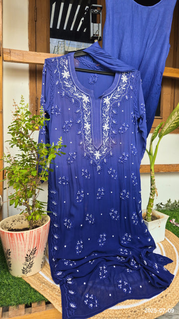 Noori Blue Ombre Premium Silk Chikankari Pearls Cutdana Embroidery