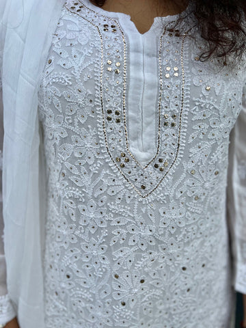 White Hoor Premium Georgette Chikankari Luxurious Set With Kamdani Add on