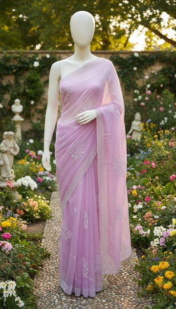 Rose Organza Luxurious Chikankari And Pearls Moti Embroidery