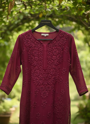 Tyrian Heavy Pure Handcrafted Embroidery Premium Georgette Chikankari Kurti set for Women