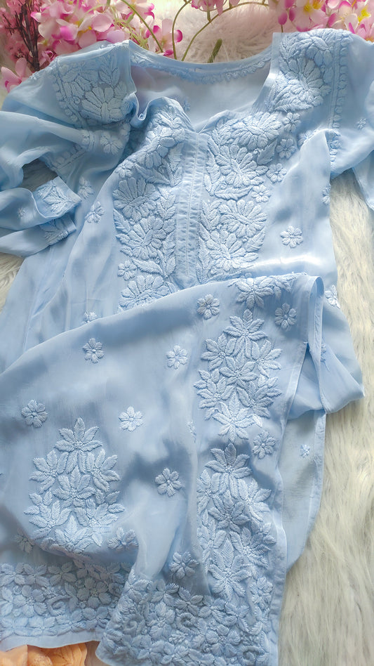 Falaq Premium Silk Chikankari Long Kurta Slit Embroidery