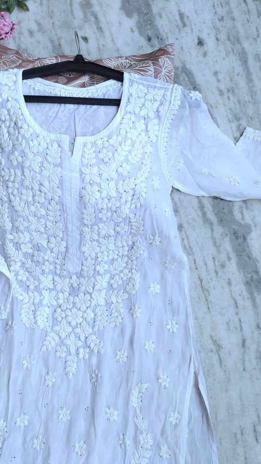 Eid Edit White Premium Georgette Lux Chikankari Long Kurti With Kamdani