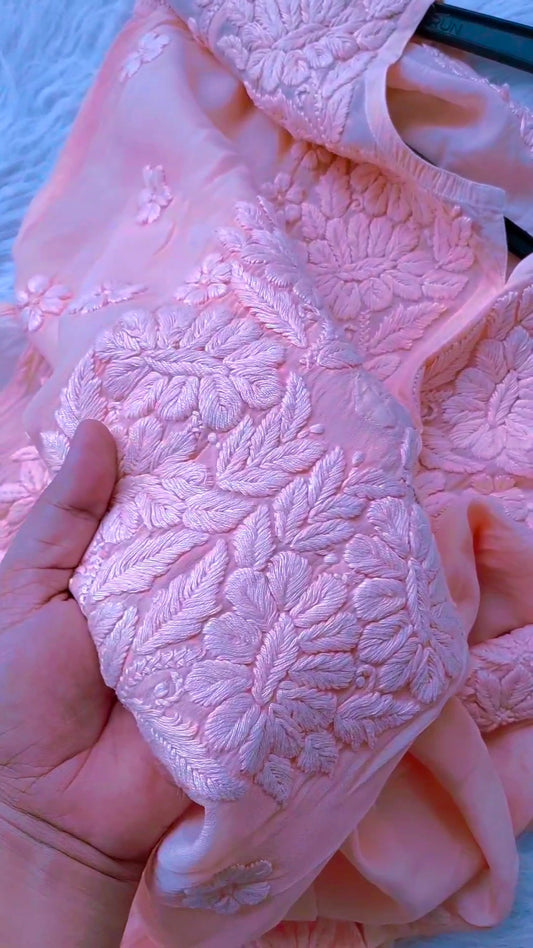 Baby Pink Premium Silk Chikankari Long Kurti (pre booking)