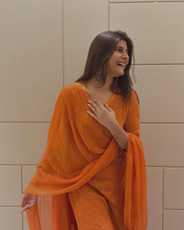 Hoor Orange Premium Georgette Chikankari Luxurious Set With Kamdani Add on