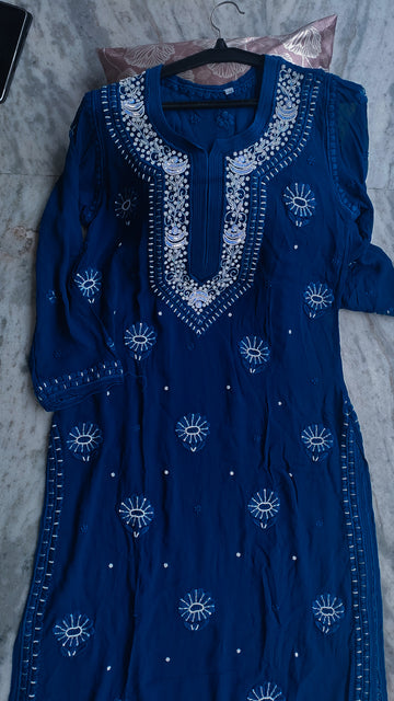 Deep Blue Ombre Noori Premium Georgette Chikankari Kurta Cutdana Embroidery