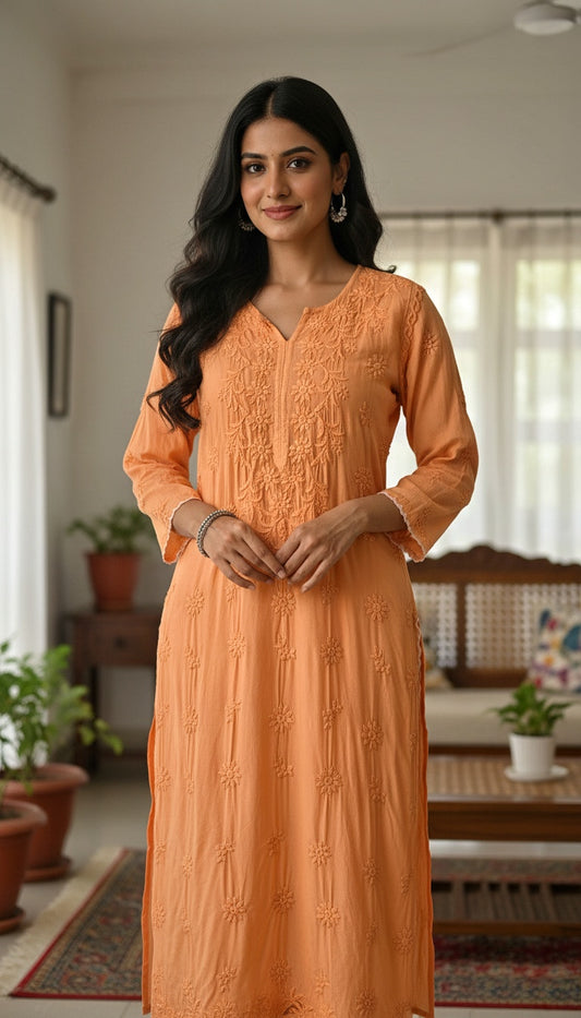 Orange Cutwork Premium Silk Chikankari Luxurious Long Kurta