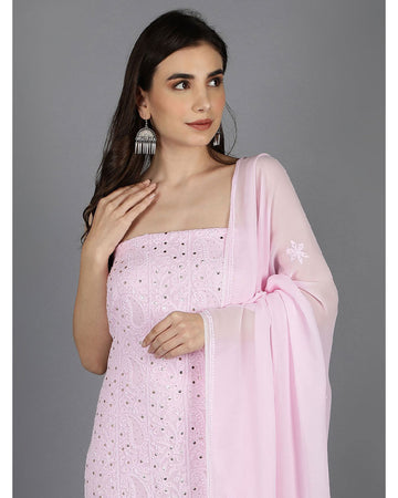 Blush Pink Premium Georgette Chikankari Unstitched Kurta Dupatta Set