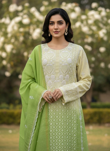 Arush Lux Premium Pure Mul Chanderi Chikankari Pearl And Cutdana Luxurious Anarkali Dupatta Set