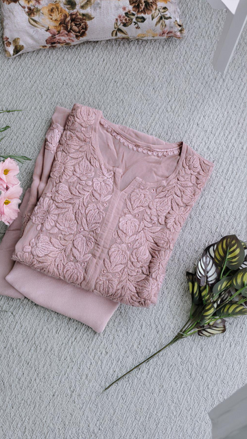 Rose Premium Silk Luxurious Chikankari Long Kurta (Daman Specially)