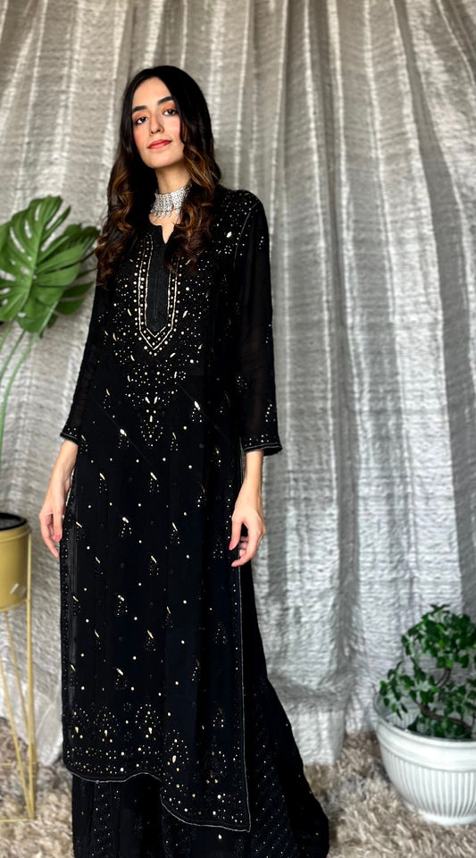 "MOTIHAR" Eid Edit Premium Georgette Black Chikankari and Kamdani Embroidery Sharara Set