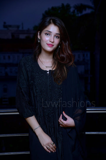 'KAJAL' Soft Muslin Black Kurta Set Rose Embroidery