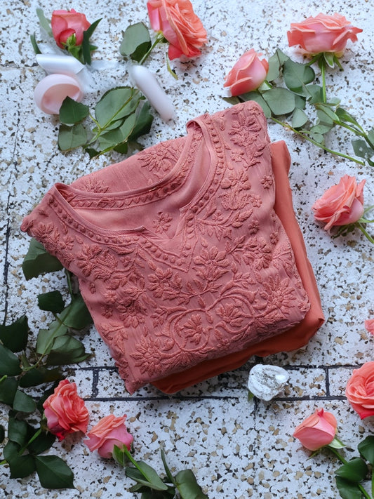 Elham Peach Premium Soft Georgette Chikankari Tunic
