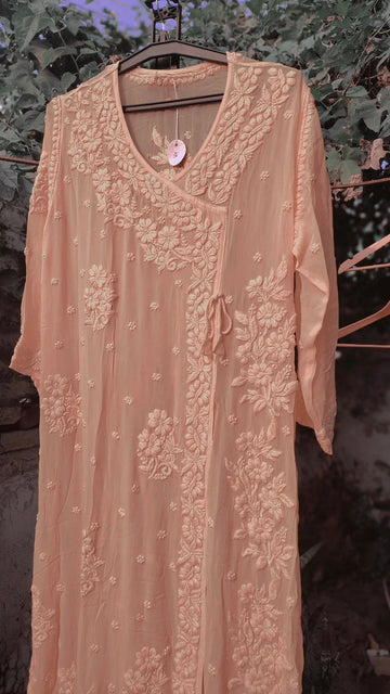 Duaa Powder Peach Premium Georgette Chikankari Angrakha