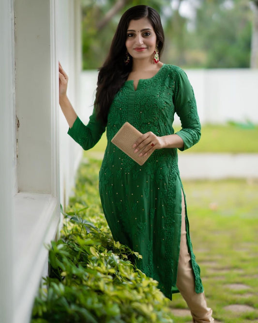 Feriha Green Premium Georgette Long Kurta Chikankari & Kamdani