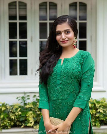 Feriha Green Premium Georgette Long Kurta Chikankari & Kamdani