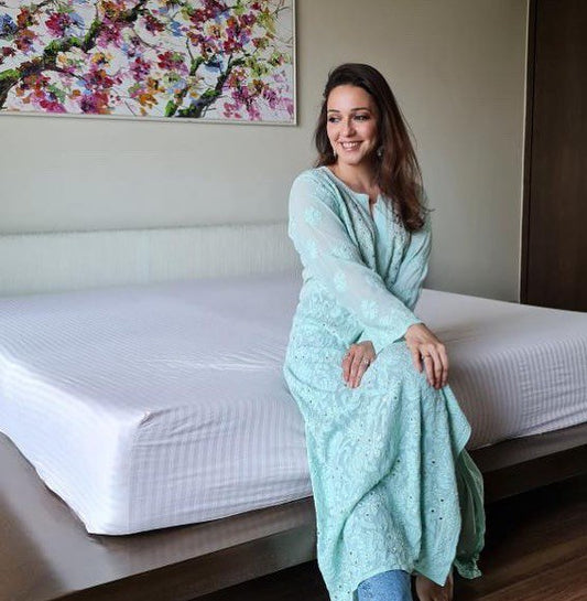 Celebrity Inspired Look Premium Georgette Firozi Kurta With Slip