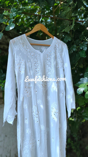 AREEBA White Premium Georgette Long Kurta With RESHAM Chikankari And Kamdani